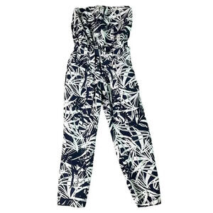 Ann Taylor Loft Navy White Tropical Print Jumpsuit Linen Strapless Size 2 Womens